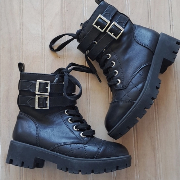 BCBG Girl Adrianna Combat Double Buckle Lace Side Zip Chunky Ankle Boots
